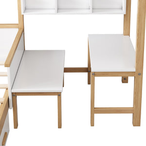 HomeRoots White Full House Bed with Oak Accents and Built-In Drawer – Stylish, Sturdy, and Space-Saving Design 653086