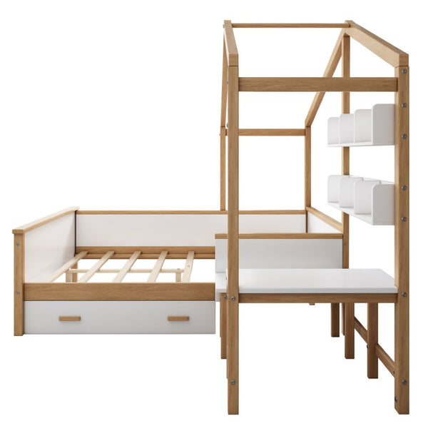 HomeRoots White Full House Bed with Oak Accents and Built-In Drawer – Stylish, Sturdy, and Space-Saving Design 653086