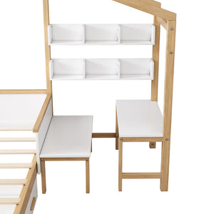 HomeRoots White Full House Bed with Oak Accents and Built-In Drawer – Stylish, Sturdy, and Space-Saving Design 653086