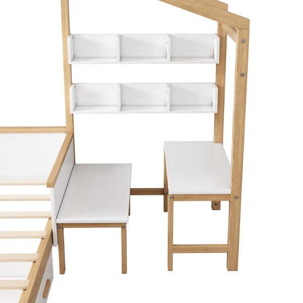 HomeRoots White Full House Bed with Oak Accents and Built-In Drawer – Stylish, Sturdy, and Space-Saving Design 653086