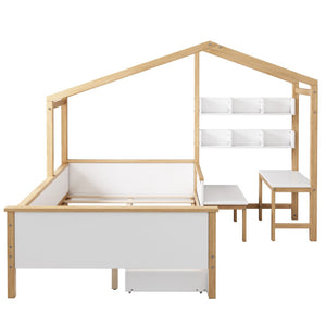 HomeRoots White Full House Bed with Oak Accents and Built-In Drawer – Stylish, Sturdy, and Space-Saving Design 653086