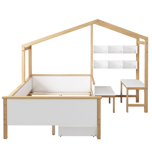 HomeRoots White Full House Bed with Oak Accents and Built-In Drawer – Stylish, Sturdy, and Space-Saving Design 653086