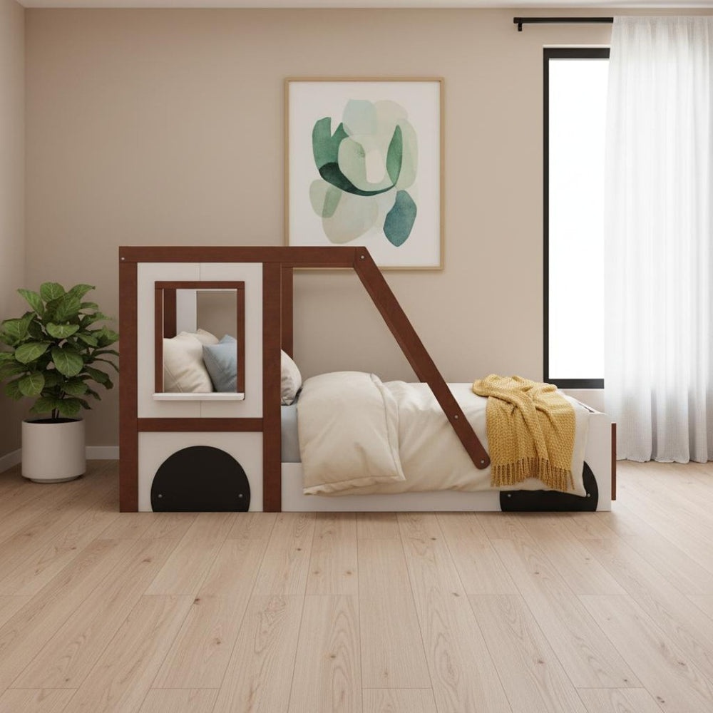 HomeRoots Mahogany Twin Race Car Bed Frame - Playhouse Design, Solid Acacia, Fun & Durable for Kids' Rooms 653091