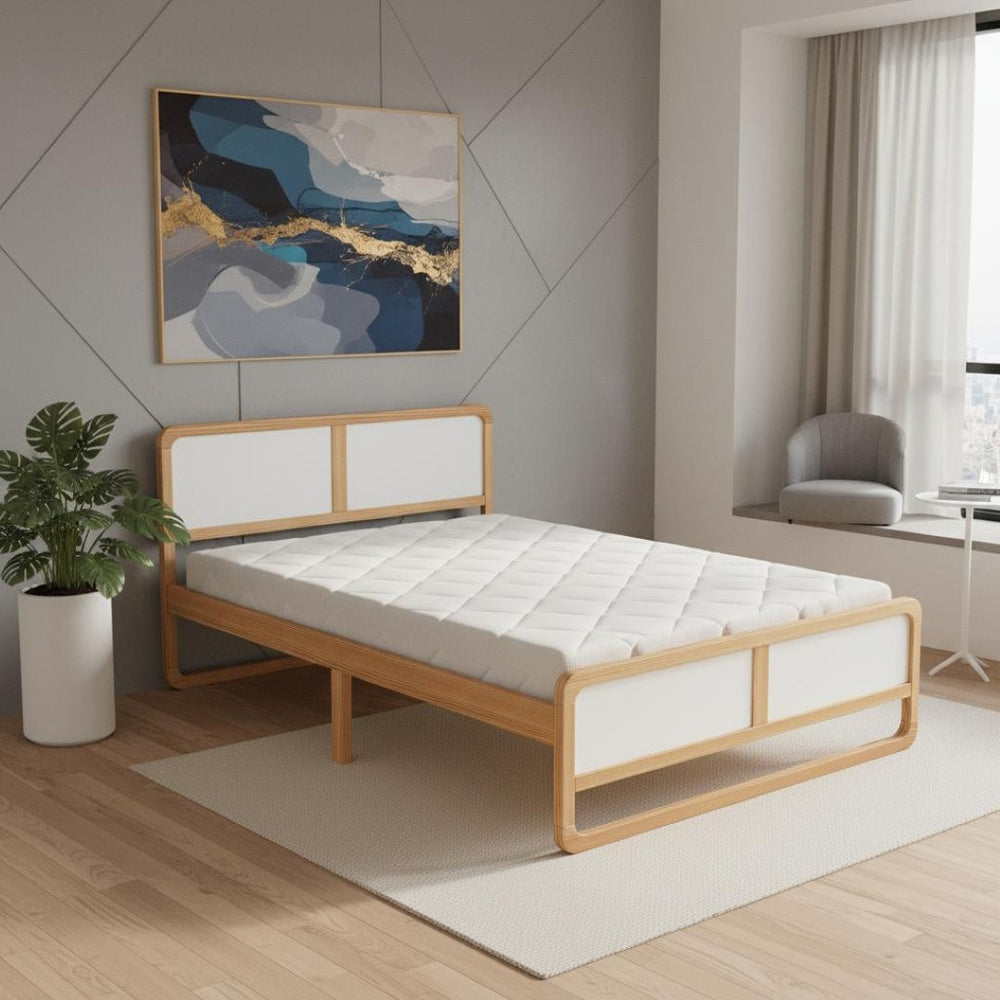 HomeRoots White Modern Queen Bed Frame in Walnut & White Finish - Sturdy Design, Easy Assembly, Stylish Sleep Sanctuary 653094