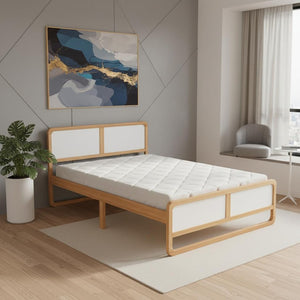 HomeRoots White Modern Queen Bed Frame in Walnut & White Finish - Sturdy Design, Easy Assembly, Stylish Sleep Sanctuary 653094