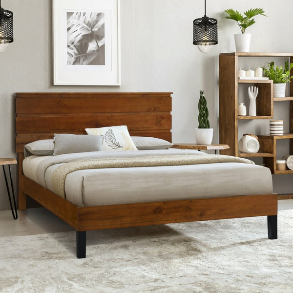 HomeRoots Brown Wood Queen Bed Frame - Modern Platform Design, Durable Construction, Easy Assembly & Supportive Slats 653096