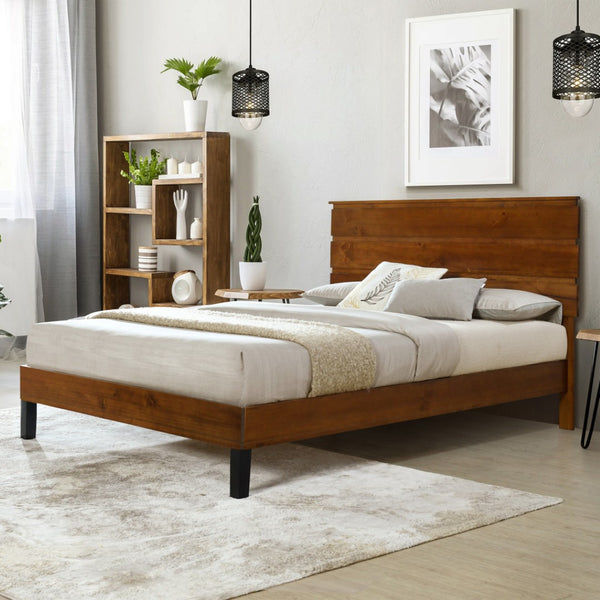 HomeRoots Brown Wood Queen Bed Frame - Modern Platform Design, Durable Construction, Easy Assembly & Supportive Slats 653096