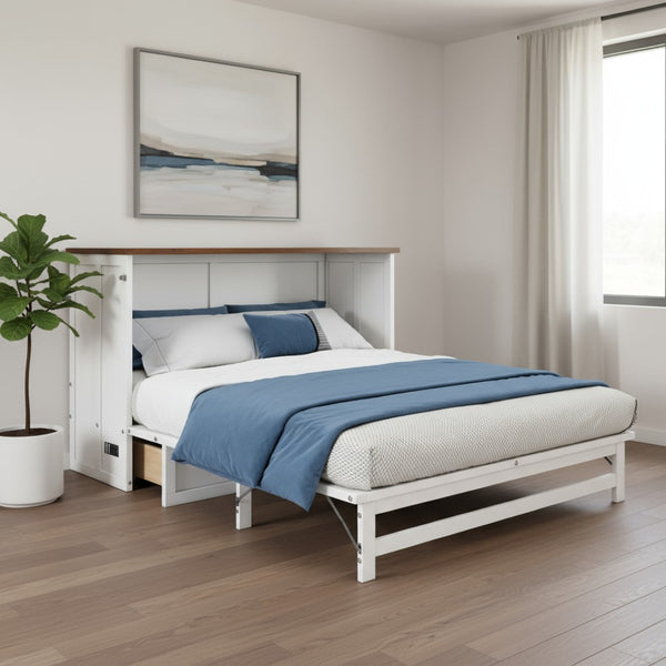 HomeRoots White Wood Queen Murphy Bed with USB Charging, Storage Drawer & Stylish Space-Saving Design 653097