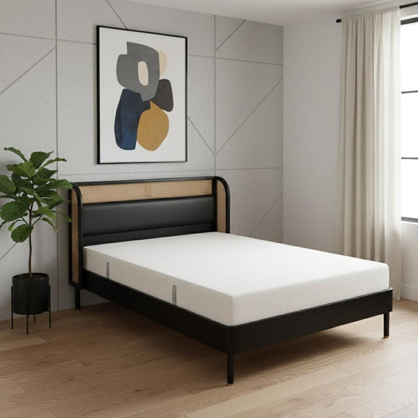 HomeRoots Black Upholstered Queen Bed Frame with Button-Tufted Faux Leather, Modern Design, Platform Support 653098
