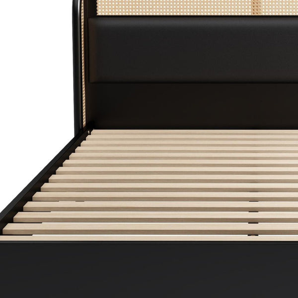HomeRoots Black Upholstered Queen Bed Frame with Button-Tufted Faux Leather, Modern Design, Platform Support 653098