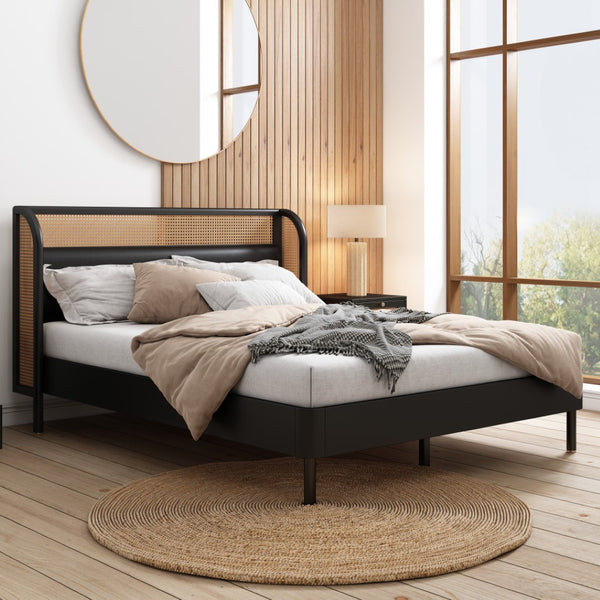 HomeRoots Black Upholstered Queen Bed Frame with Button-Tufted Faux Leather, Modern Design, Platform Support 653098