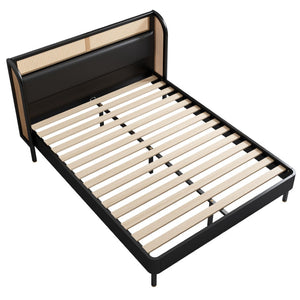 HomeRoots Black Upholstered Queen Bed Frame with Button-Tufted Faux Leather, Modern Design, Platform Support 653098