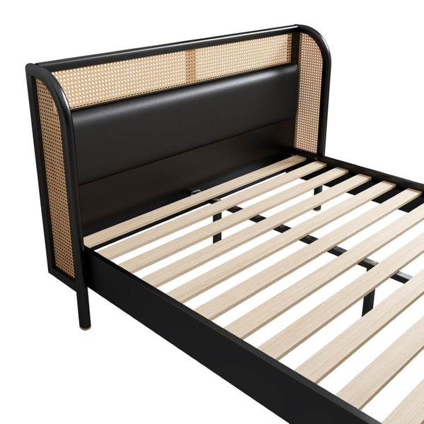 HomeRoots Black Upholstered Queen Bed Frame with Button-Tufted Faux Leather, Modern Design, Platform Support 653098