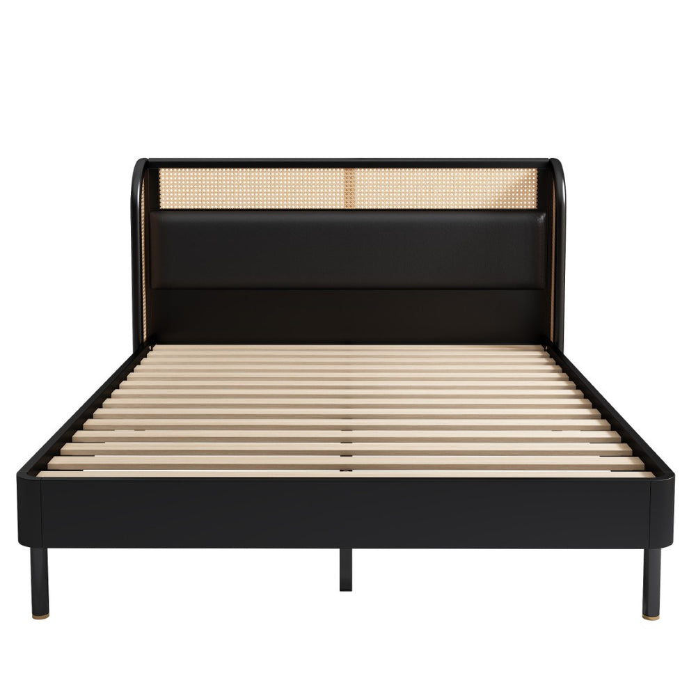 HomeRoots Black Upholstered Queen Bed Frame with Button-Tufted Faux Leather, Modern Design, Platform Support 653098