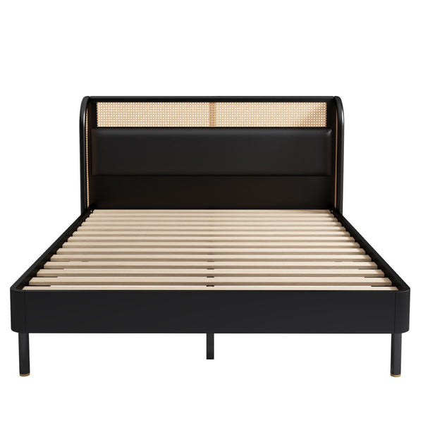 HomeRoots Black Upholstered Queen Bed Frame with Button-Tufted Faux Leather, Modern Design, Platform Support 653098