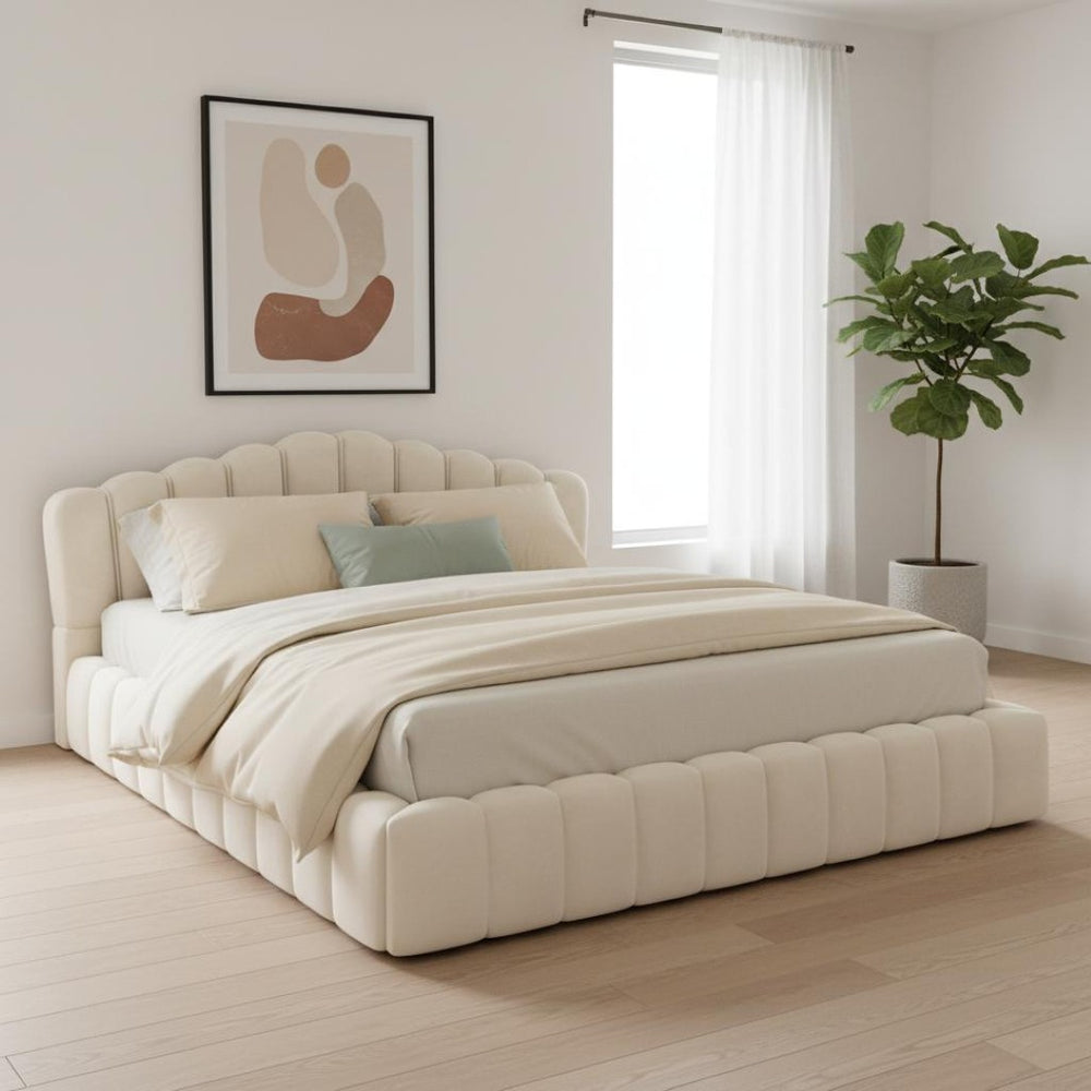 HomeRoots Cream Tufted Velvet Upholstered Queen Bed Frame - Elegant, Cozy Design for Stylish Bedroom Retreats 653099