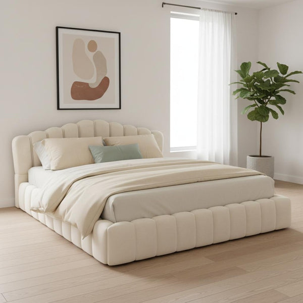 HomeRoots Cream Tufted Velvet Upholstered Queen Bed Frame - Elegant, Cozy Design for Stylish Bedroom Retreats 653099