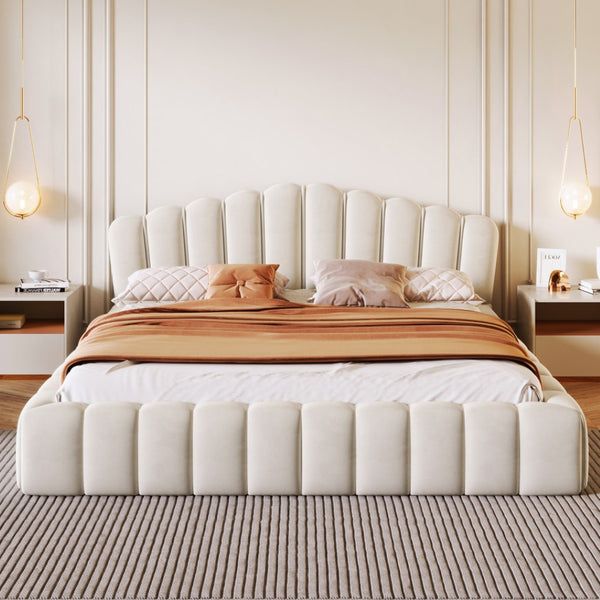 HomeRoots Cream Tufted Velvet Upholstered Queen Bed Frame - Elegant, Cozy Design for Stylish Bedroom Retreats 653099