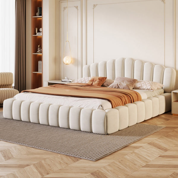HomeRoots Cream Tufted Velvet Upholstered Queen Bed Frame - Elegant, Cozy Design for Stylish Bedroom Retreats 653099