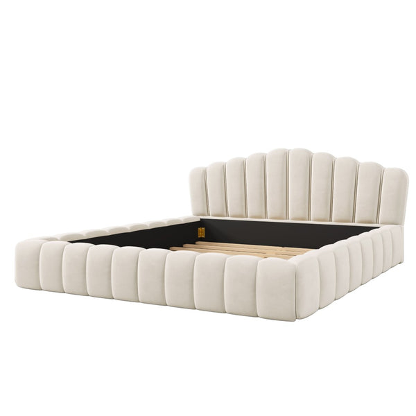 HomeRoots Cream Tufted Velvet Upholstered Queen Bed Frame - Elegant, Cozy Design for Stylish Bedroom Retreats 653099