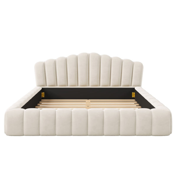 HomeRoots Cream Tufted Velvet Upholstered Queen Bed Frame - Elegant, Cozy Design for Stylish Bedroom Retreats 653099