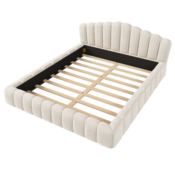 HomeRoots Cream Tufted Velvet Upholstered Queen Bed Frame - Elegant, Cozy Design for Stylish Bedroom Retreats 653099