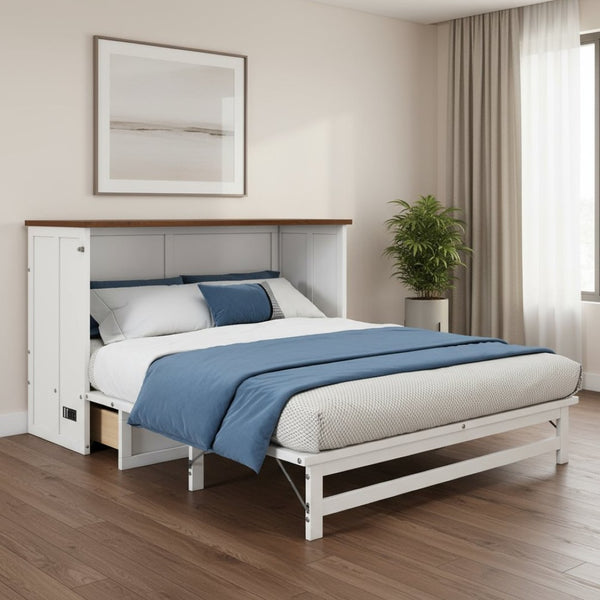 HomeRoots White Wood Full Murphy Bed with Built-In USB, Storage Drawer & Space-Saving Design for Small Rooms 653100