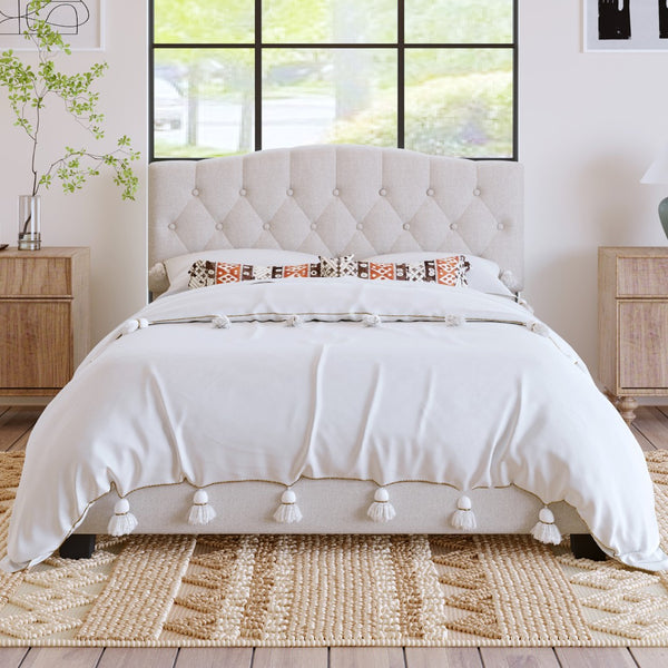 HomeRoots Black Upholstered Queen Bed Frame with Tufted Fabric & Elegant Wood Accents for Modern Bedrooms 653102