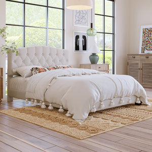 HomeRoots Black Upholstered Queen Bed Frame with Tufted Fabric & Elegant Wood Accents for Modern Bedrooms 653102