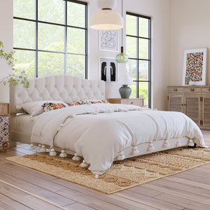 HomeRoots Beige Tufted King Bed Frame - Elegant Upholstered Design with Diamond Stitching & Durable Support 653103