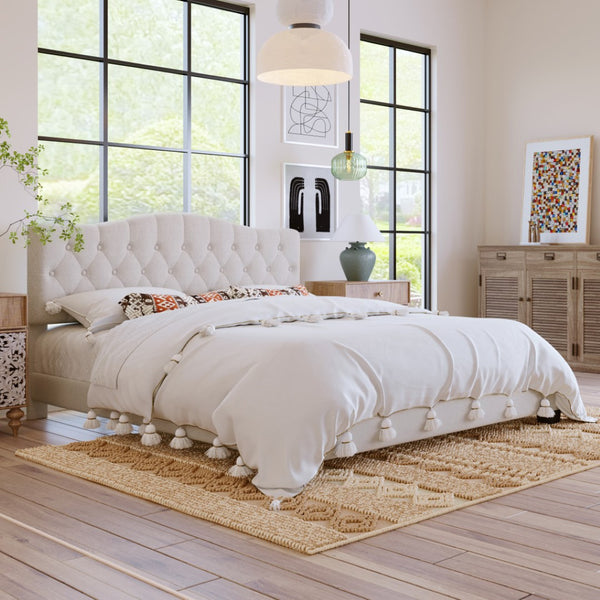 HomeRoots Beige Tufted King Bed Frame - Elegant Upholstered Design with Diamond Stitching & Durable Support 653103