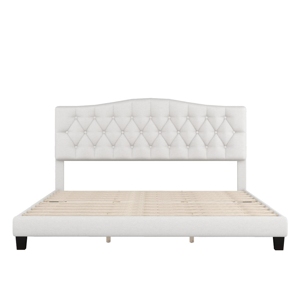 HomeRoots Beige Tufted King Bed Frame - Elegant Upholstered Design with Diamond Stitching & Durable Support 653103