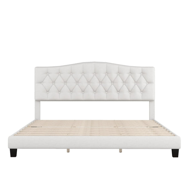 HomeRoots Beige Tufted King Bed Frame - Elegant Upholstered Design with Diamond Stitching & Durable Support 653103