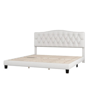 HomeRoots Beige Tufted King Bed Frame - Elegant Upholstered Design with Diamond Stitching & Durable Support 653103