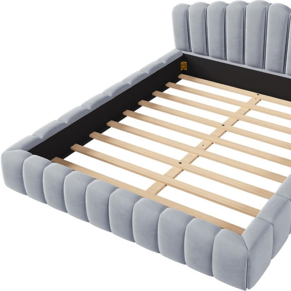 HomeRoots Light Blue Tufted Velvet Queen Bed Frame - Elegant Platform Design for a Chic Bedroom Retreat 653104