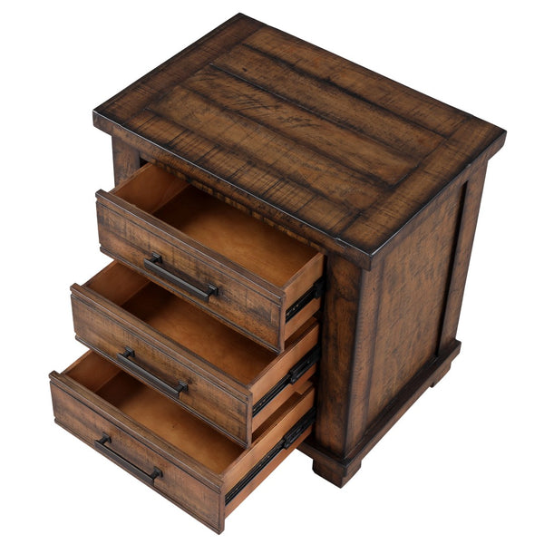 HomeRoots Set of Two 26" Distressed Walnut Solid Wood Nightstands with Three Drawers for Rustic Elegance 653105