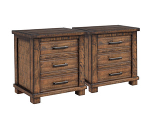 HomeRoots Set of Two 26" Distressed Walnut Solid Wood Nightstands with Three Drawers for Rustic Elegance 653105