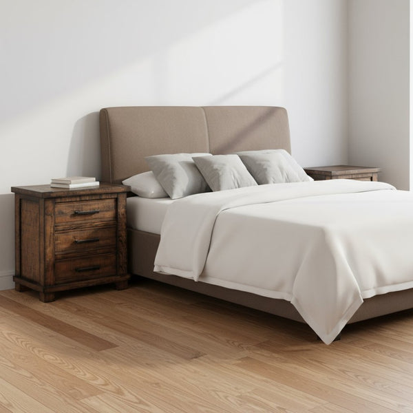 HomeRoots Set of Two 26" Distressed Walnut Solid Wood Nightstands with Three Drawers for Rustic Elegance 653105