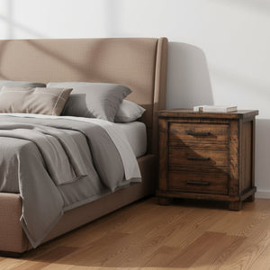 HomeRoots Set of Two 26" Distressed Walnut Solid Wood Nightstands with Three Drawers for Rustic Elegance 653105