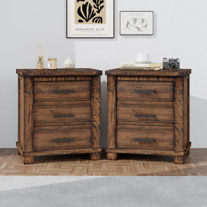 HomeRoots Set of Two 26" Distressed Walnut Solid Wood Nightstands with Three Drawers for Rustic Elegance 653105