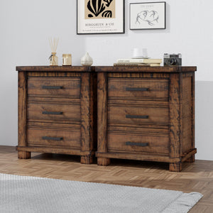 HomeRoots Set of Two 26" Distressed Walnut Solid Wood Nightstands with Three Drawers for Rustic Elegance 653105