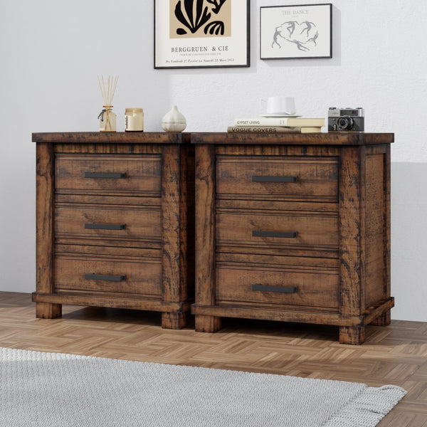 HomeRoots Set of Two 26" Distressed Walnut Solid Wood Nightstands with Three Drawers for Rustic Elegance 653105