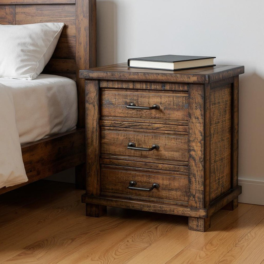 HomeRoots 26" Rustic Walnut Three-Drawer Nightstand with Vintage Black Pulls - Stylish Storage Solution for Any Room 653108