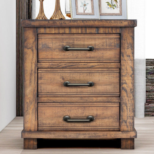 HomeRoots 26" Rustic Walnut Three-Drawer Nightstand with Vintage Black Pulls - Stylish Storage Solution for Any Room 653108