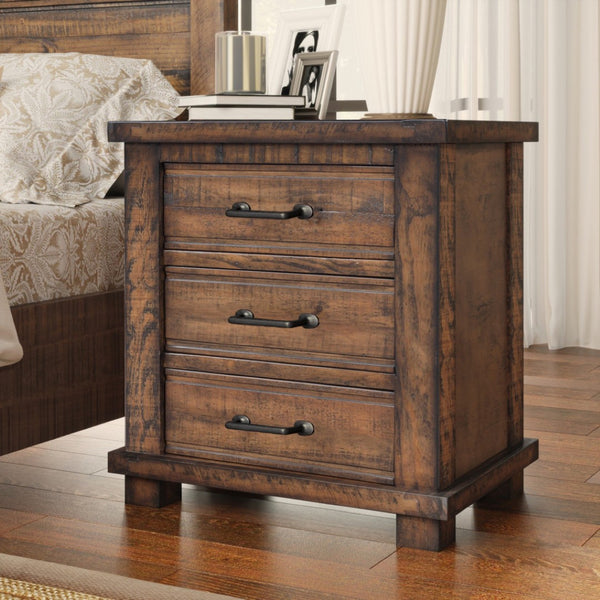 HomeRoots 26" Rustic Walnut Three-Drawer Nightstand with Vintage Black Pulls - Stylish Storage Solution for Any Room 653108