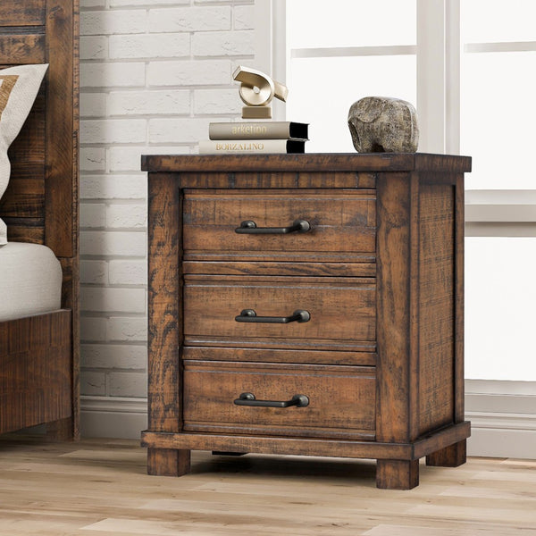 HomeRoots 26" Rustic Walnut Three-Drawer Nightstand with Vintage Black Pulls - Stylish Storage Solution for Any Room 653108