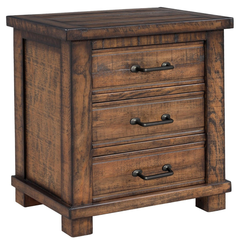 HomeRoots 26" Rustic Walnut Three-Drawer Nightstand with Vintage Black Pulls - Stylish Storage Solution for Any Room 653108