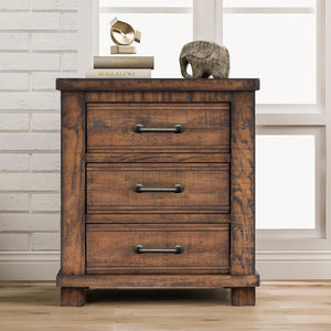 HomeRoots 26" Rustic Walnut Three-Drawer Nightstand with Vintage Black Pulls - Stylish Storage Solution for Any Room 653108