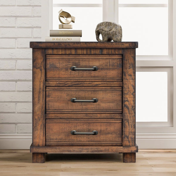 HomeRoots 26" Rustic Walnut Three-Drawer Nightstand with Vintage Black Pulls - Stylish Storage Solution for Any Room 653108
