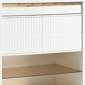 HomeRoots 33" White Wood & Glass Island Vanity Dresser – Chic Storage Solution with Display Shelf & Gold Accents 653109